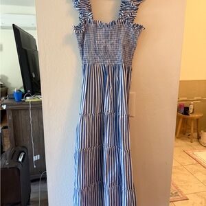 Quince Blue and White Striped Smocked Ruffle-Strap One-Piece